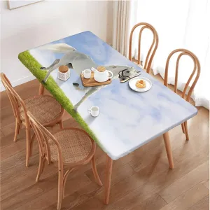 White Black Fitted Tablecloth Cover, White Stallion Running Horse Gallop Motion Tablecloth Elastic Edge Fitted Table Cover Leaves Equestrian Fits up 4 Foot Tables