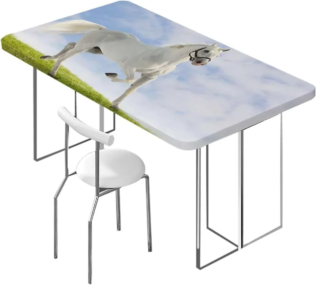 White Black Fitted Tablecloth Cover, White Stallion Running Horse Gallop Motion Tablecloth Elastic Edge Fitted Table Cover Leaves Equestrian Fits up 4 Foot Tables