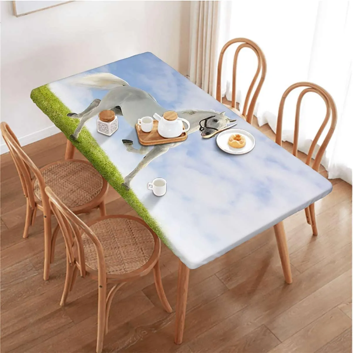 White Black Fitted Tablecloth Cover, White Stallion Running Horse Gallop Motion Tablecloth Elastic Edge Fitted Table Cover Leaves Equestrian Fits up 4 Foot Tables