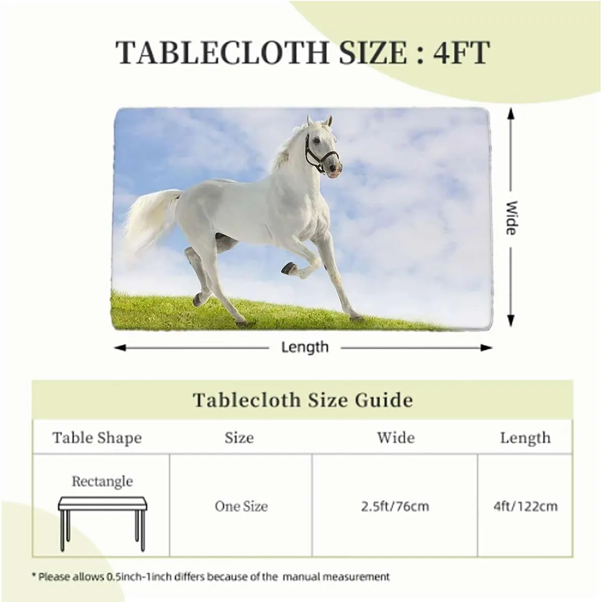 White Black Fitted Tablecloth Cover, White Stallion Running Horse Gallop Motion Tablecloth Elastic Edge Fitted Table Cover Leaves Equestrian Fits up 4 Foot Tables