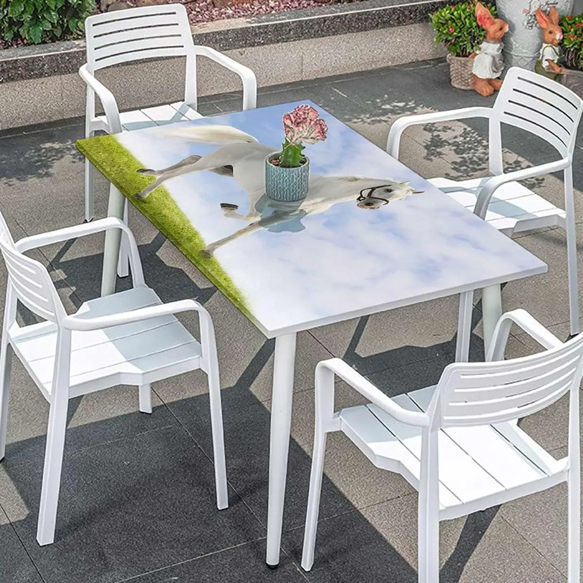 White Black Fitted Tablecloth Cover, White Stallion Running Horse Gallop Motion Tablecloth Elastic Edge Fitted Table Cover Leaves Equestrian Fits up 4 Foot Tables