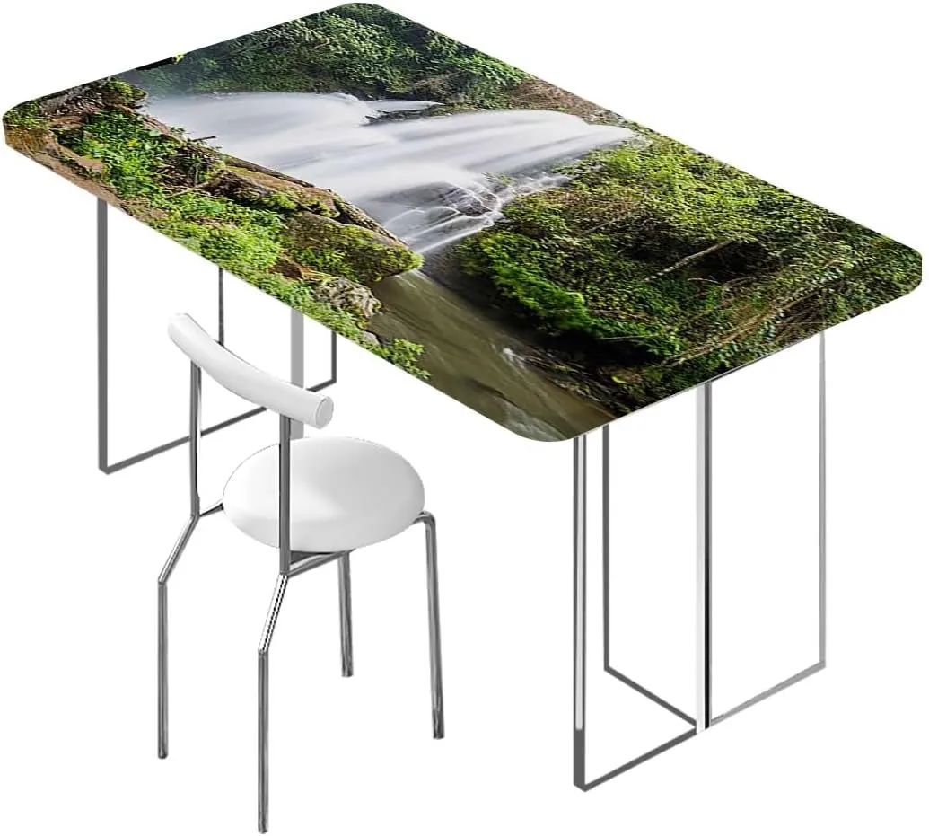 White Green Rectangle Table Cloth Cover, Waterfall Down The Cliffs Deep in Forest Waterproof Tablecloths for Picnic, Camping, Indoor, Outdoor Scenery Fits up 5 Foot Tables