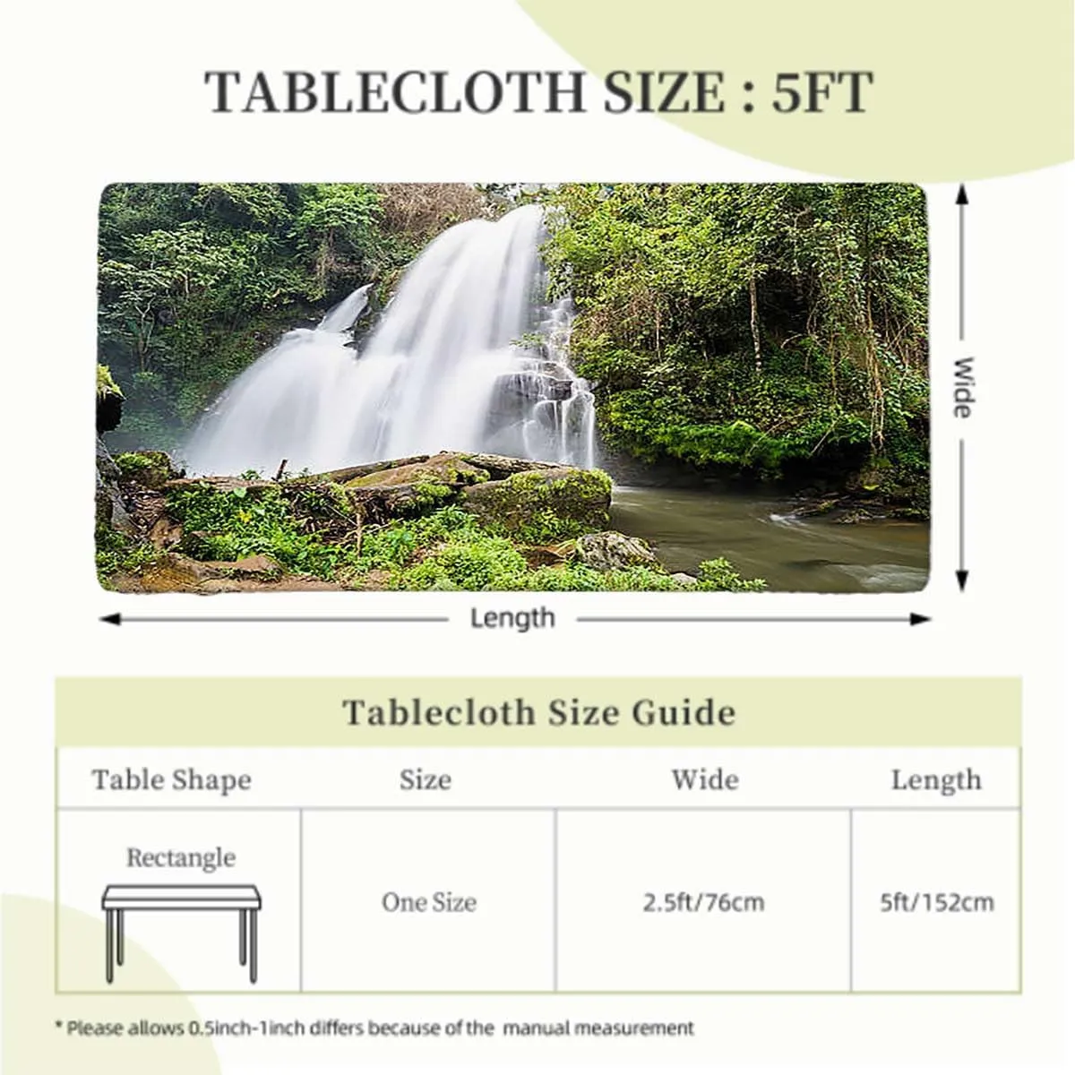 White Green Rectangle Table Cloth Cover, Waterfall Down The Cliffs Deep in Forest Waterproof Tablecloths for Picnic, Camping, Indoor, Outdoor Scenery Fits up 5 Foot Tables