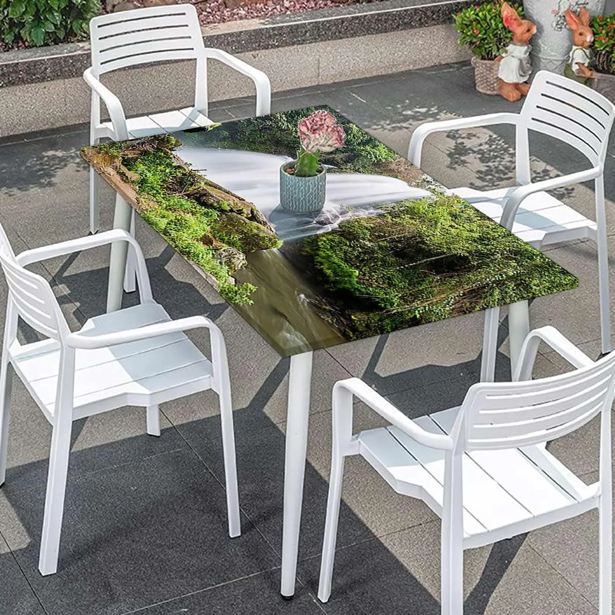 White Green Rectangle Table Cloth Cover, Waterfall Down The Cliffs Deep in Forest Waterproof Tablecloths for Picnic, Camping, Indoor, Outdoor Scenery Fits up 5 Foot Tables