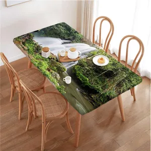 White Green Rectangle Table Cloth Cover, Waterfall Down The Cliffs Deep in Forest Waterproof Tablecloths for Picnic, Camping, Indoor, Outdoor Scenery Fits up 5 Foot Tables