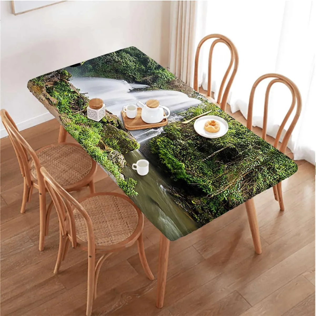 White Green Rectangle Table Cloth Cover, Waterfall Down The Cliffs Deep in Forest Waterproof Tablecloths for Picnic, Camping, Indoor, Outdoor Scenery Fits up 5 Foot Tables