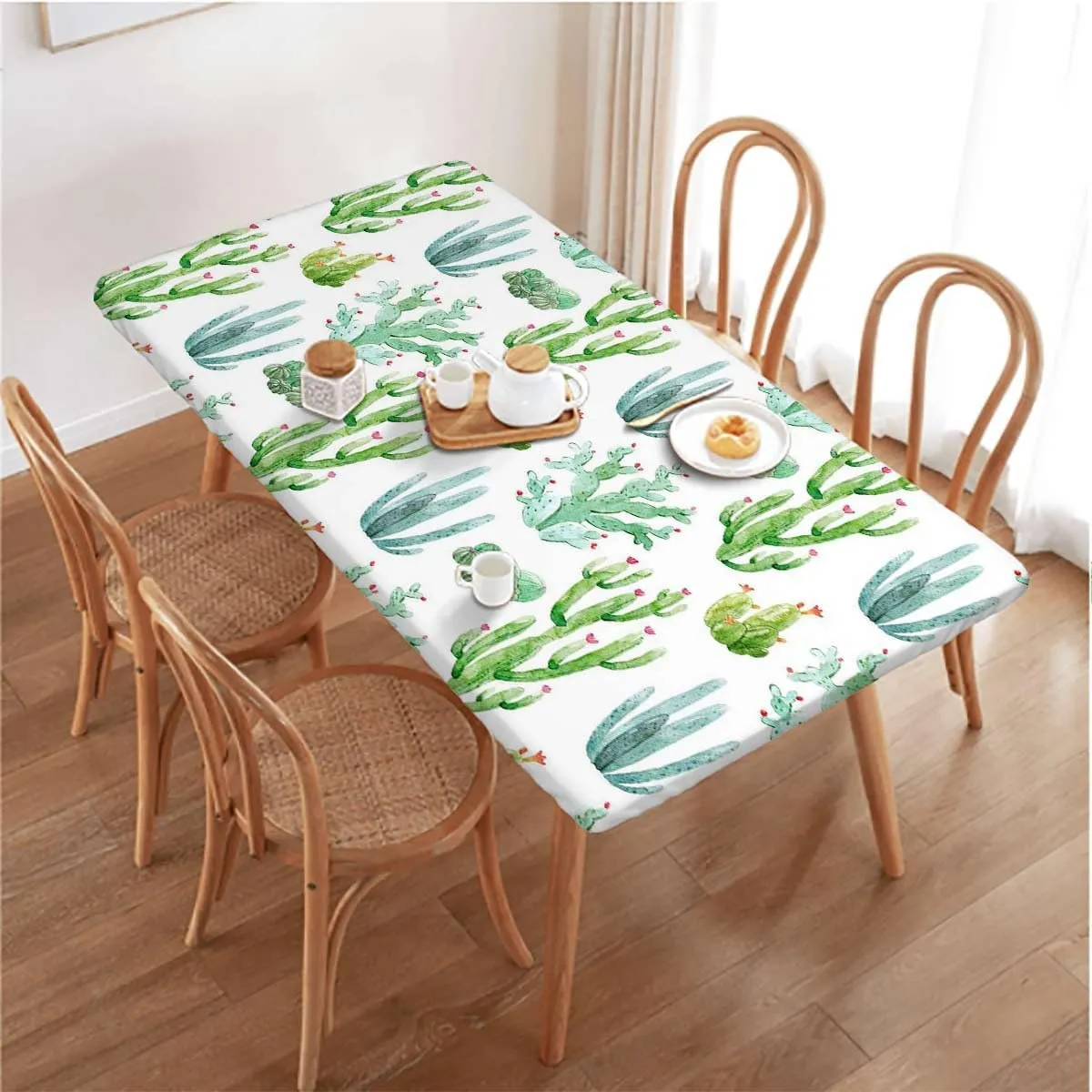 White Light Pink and Green Folding Table Cover Plants Spikes Cartoon Art Folding Table Cover Rectangle Polyester ?Tablecloth for Picnic Party Cactus Fits up 4 Foot Tables