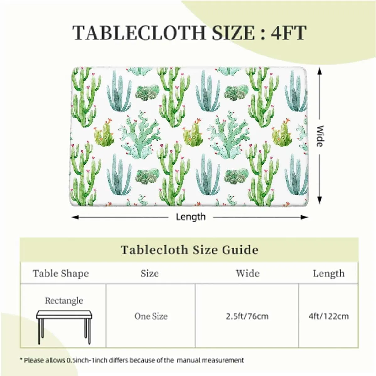 White Light Pink and Green Folding Table Cover Plants Spikes Cartoon Art Folding Table Cover Rectangle Polyester ?Tablecloth for Picnic Party Cactus Fits up 4 Foot Tables