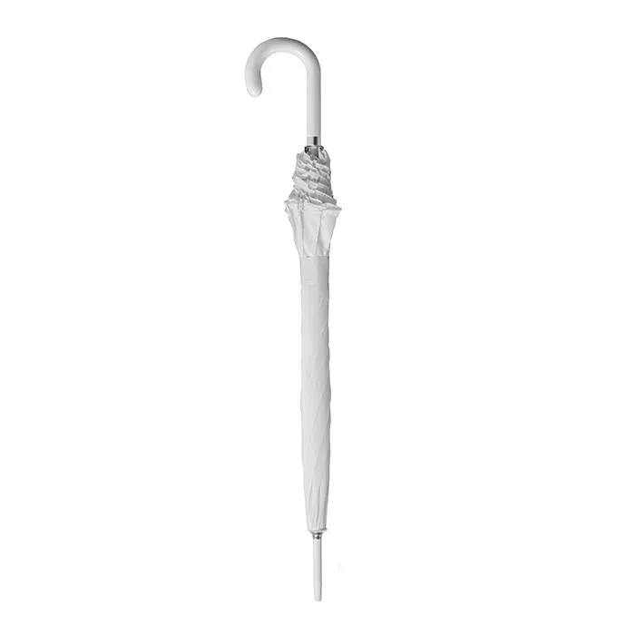 White Single Frill Wedding Umbrella with White Wood shaft and handle
