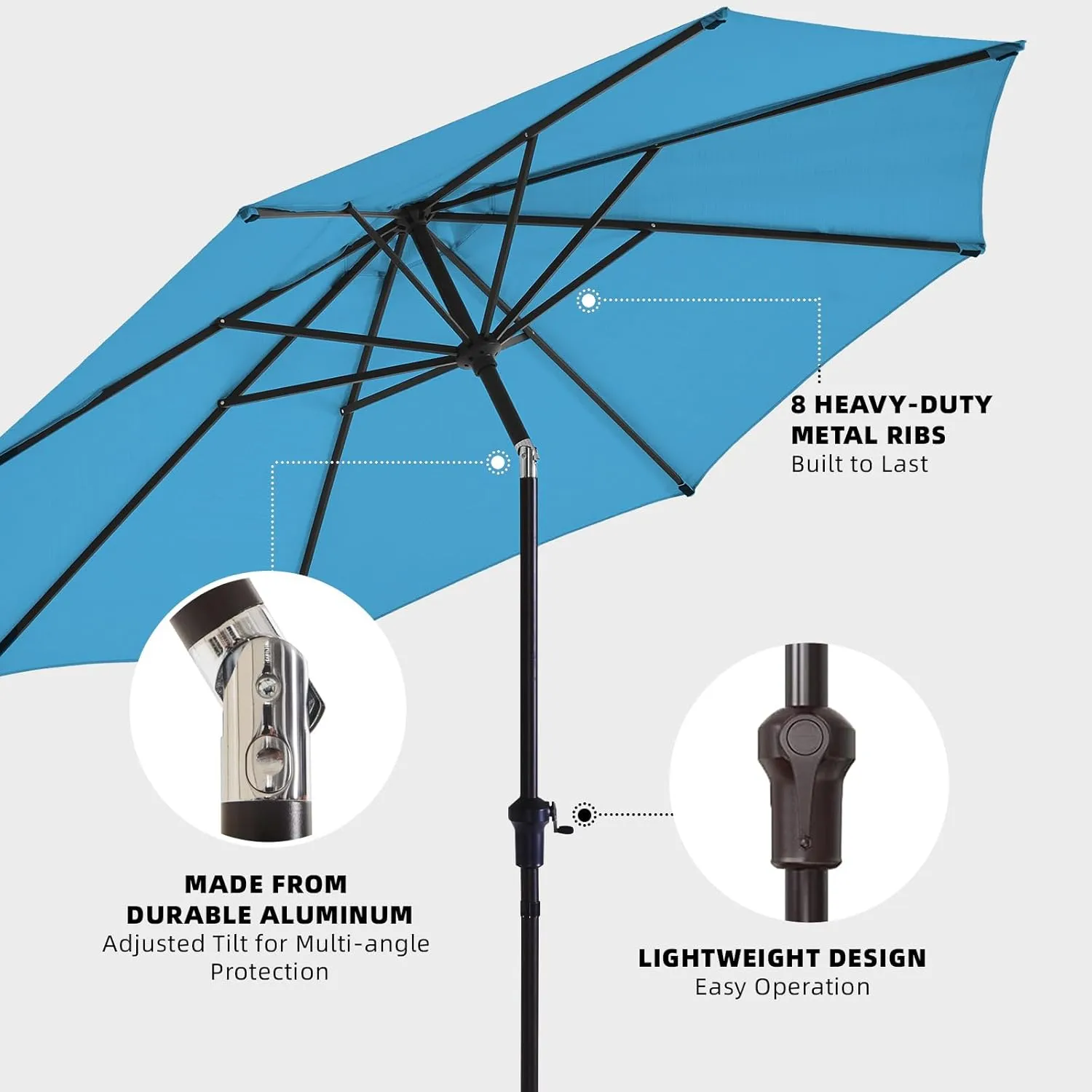 wikiwiki 11 FT Patio Umbrellas Outdoor Table Market Umbrella with Push Button Tilt/Crank,8 Sturdy Ribs, Fade Resistant Waterproof POLYESTER DTY Canopy for Garden, Lawn, Deck, Backyard & Pool, Sky Blue