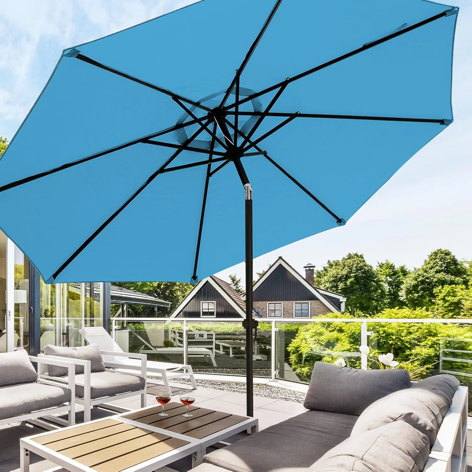 wikiwiki 11 FT Patio Umbrellas Outdoor Table Market Umbrella with Push Button Tilt/Crank,8 Sturdy Ribs, Fade Resistant Waterproof POLYESTER DTY Canopy for Garden, Lawn, Deck, Backyard & Pool, Sky Blue