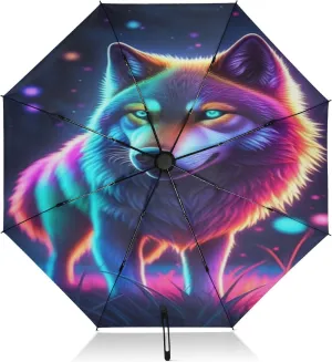 Windproof Travel Umbrella, Auto Open Close, Umbrella Compact, Backpack Purse Portable, Ideal for Women, Neon Rainbow Wolf Cool