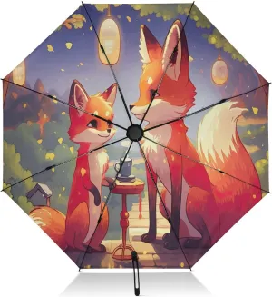 Windproof Travel Umbrella, Umbrella Small Compact, Auto Open Close, Backpack Purse Portable, Ideal for Women, Cute Animal Fox
