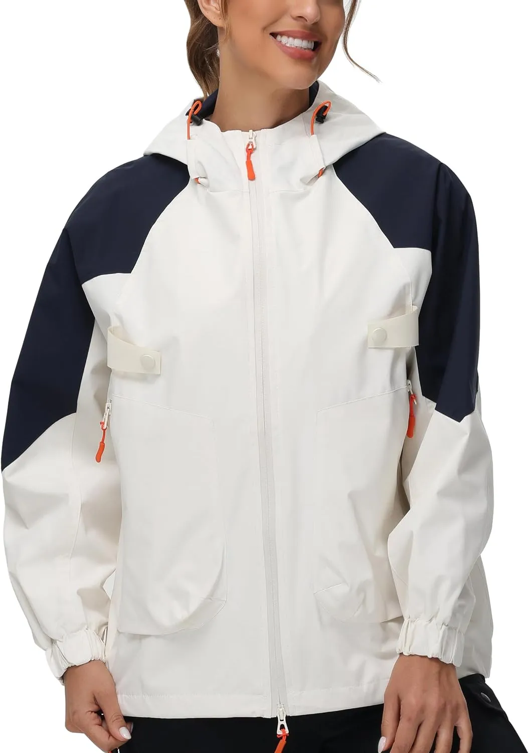 Women Rain Jacket with Adjustable Hood Fashion Lightweight Raincoat Waterproof Soft Shell Windbreaker
