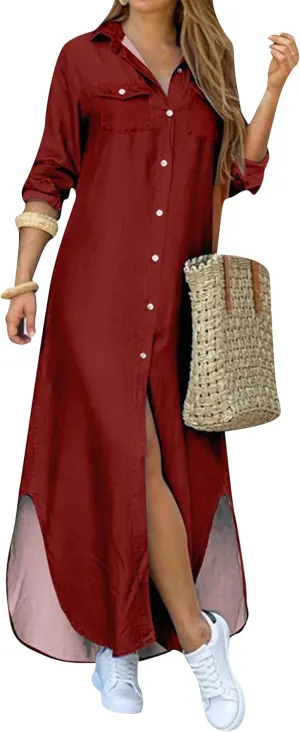Women's Fitted Printed Shirt Maxi Buttons Dress Holiday Roll Up Blouse
