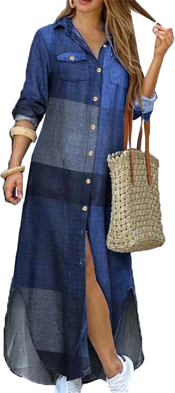 Women's Fitted Printed Shirt Maxi Buttons Dress Holiday Roll Up Blouse