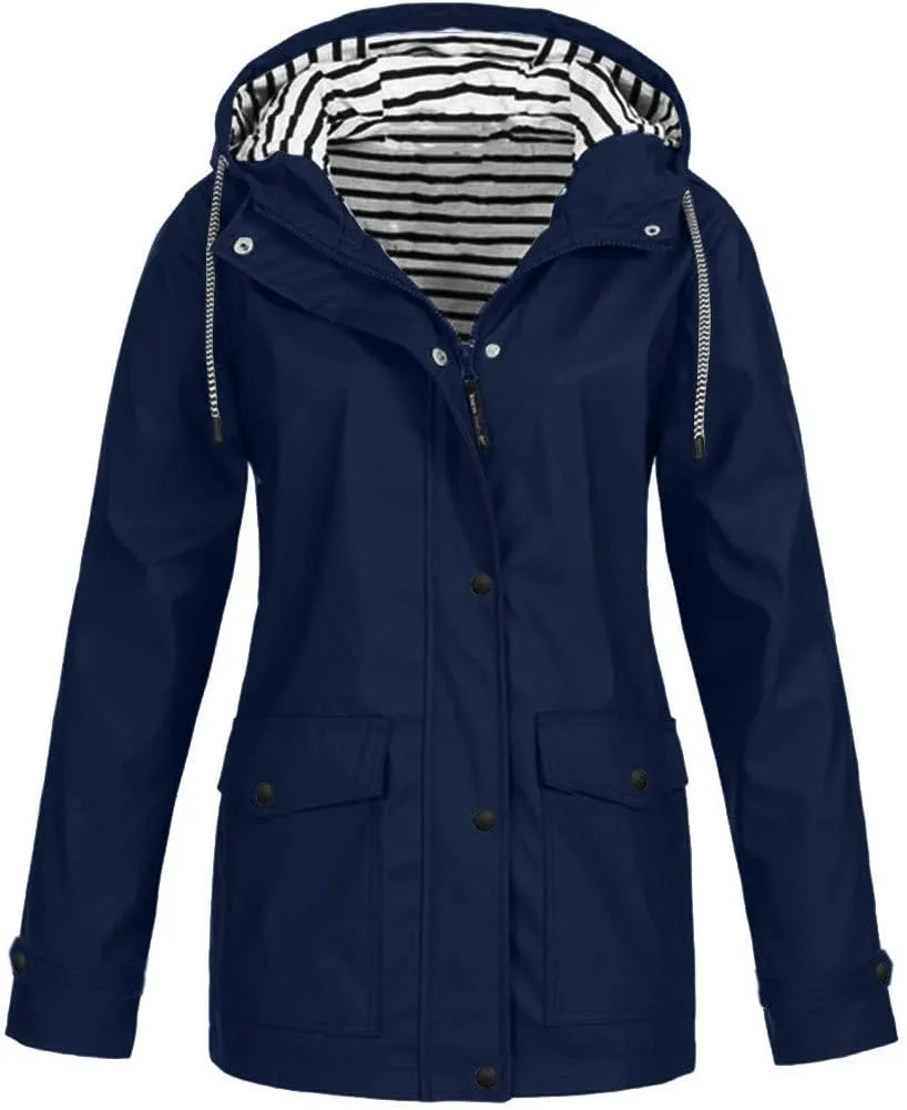 Women's Raincoats Windbreaker Rain Jacket Waterproof Lightweight Outdoor Hooded Trench Coats