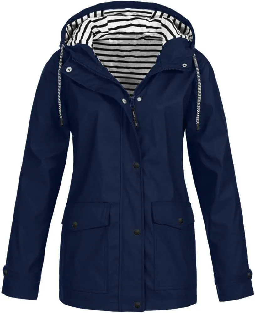 Women's Raincoats Windbreaker Rain Jacket Waterproof Lightweight Outdoor Hooded Trench Coats