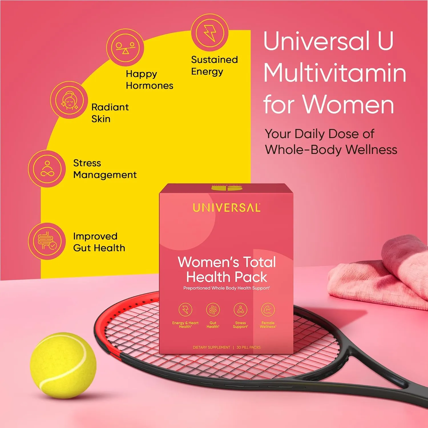 Women's Total Health Daily Vitamin Packs - All in One Multivitamin for Women, Essential Vitamins & Minerals for Energy, Stress, Digestion & Gut Health, Female Wellness Supplement, 30 Packets