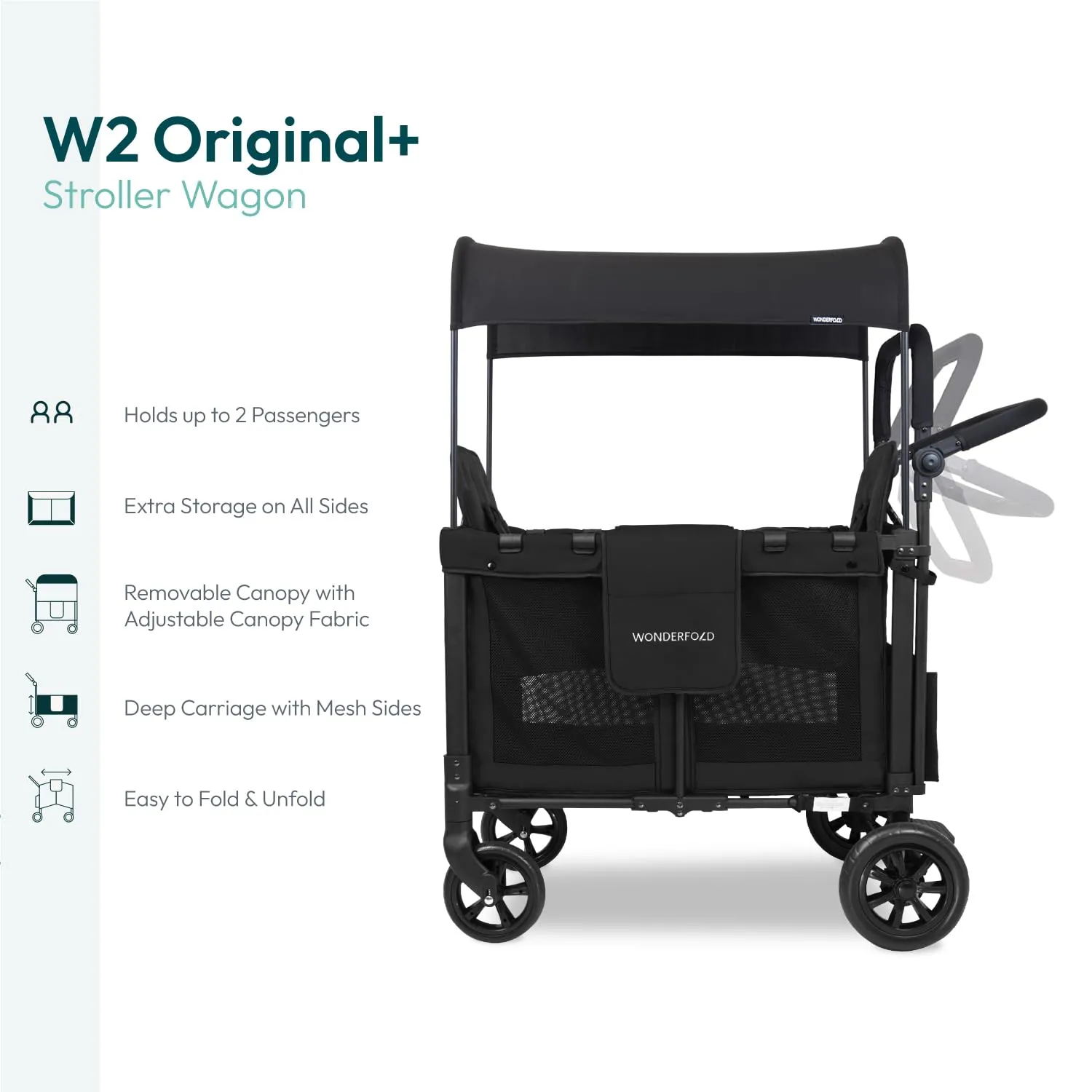 WONDERFOLD W2 Original   Stroller Wagon (2 Seater) - Collapsible Wagon Stroller with Seats with 5-Point Harnesses, Easy-Access Door, and Adjustable Sun Canopy, Black