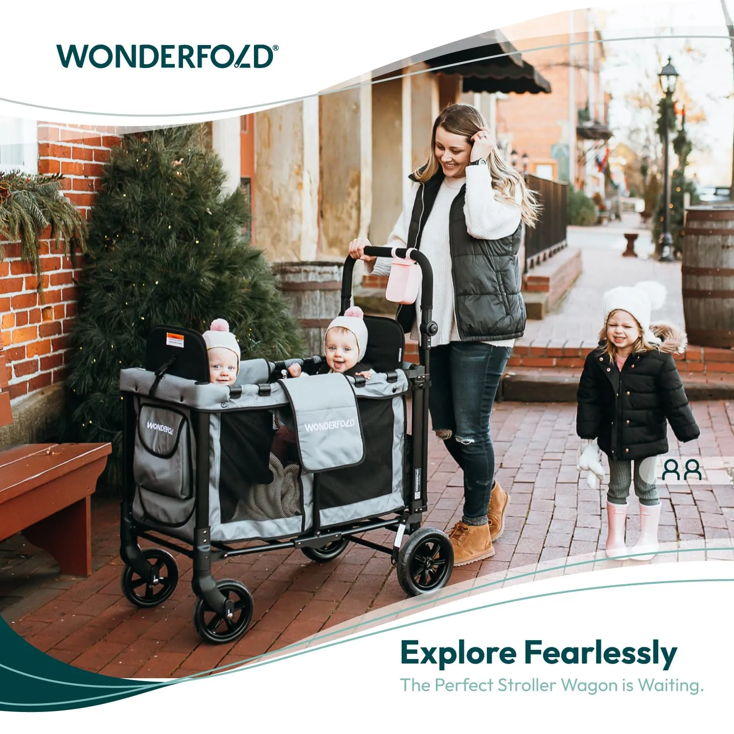 WONDERFOLD W2 Original   Stroller Wagon (2 Seater) - Collapsible Wagon Stroller with Seats with 5-Point Harnesses, Easy-Access Door, and Adjustable Sun Canopy, Black