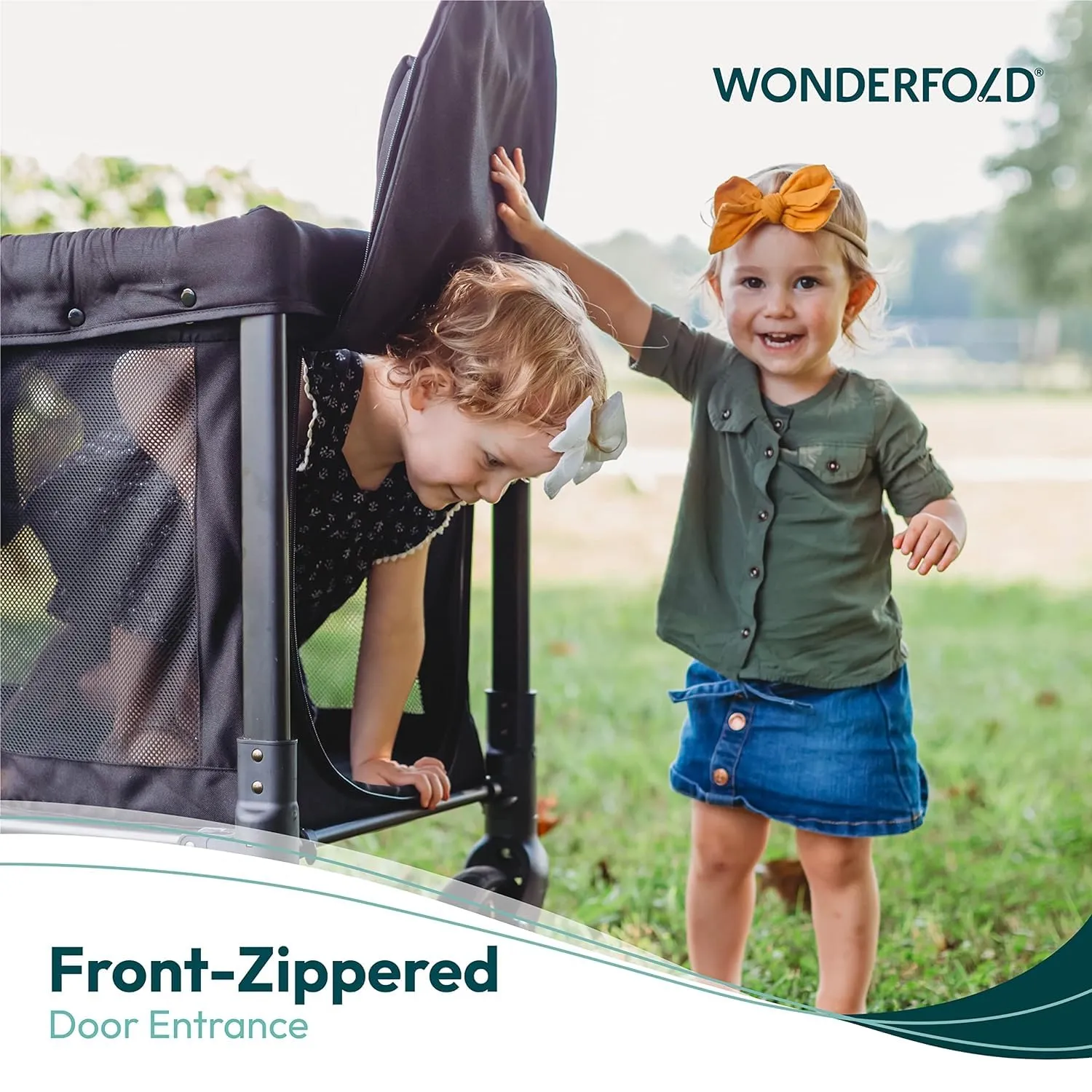 WONDERFOLD W2 Original   Stroller Wagon (2 Seater) - Collapsible Wagon Stroller with Seats with 5-Point Harnesses, Easy-Access Door, and Adjustable Sun Canopy, Black