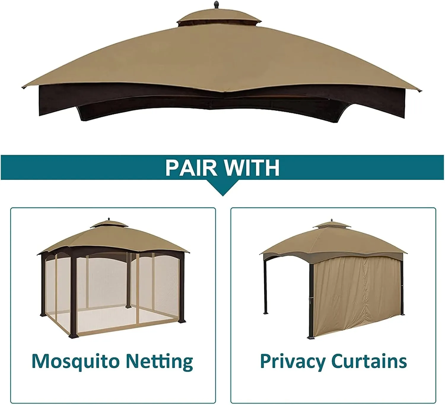Wonwon Gazebo Replacement Canopy Top Cover 10X12 Double Tiered Canopy Roof for Lowe's Allen Roth Gazebo Model #GF-12S004BTO/GF-12S004B-1 (Khaki)