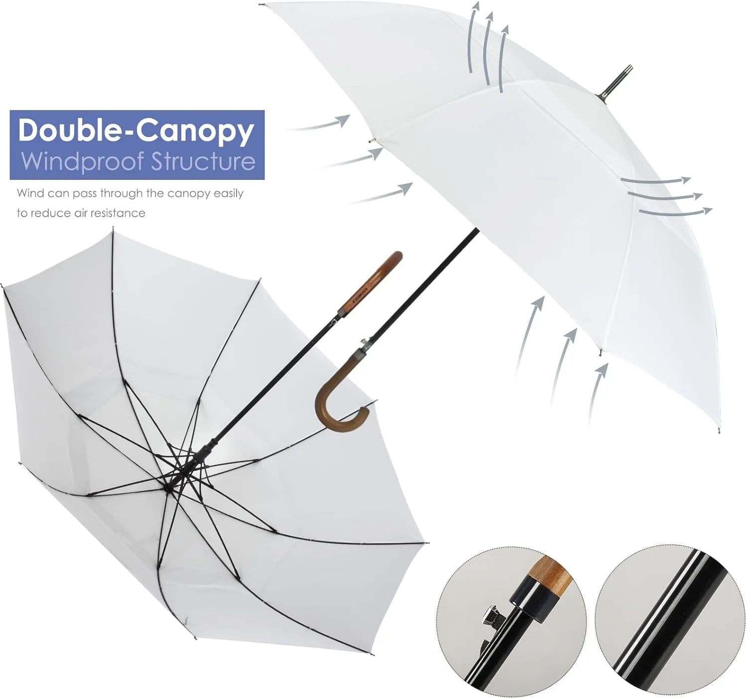 Wooden J-Handle Umbrella, 54/62 / 68 inch, UV & Classic Versions, Large Windproof Stick Umbrella, Auto Open for Men and Women Golf umbrella (white, 54”Black-pack-of-2)