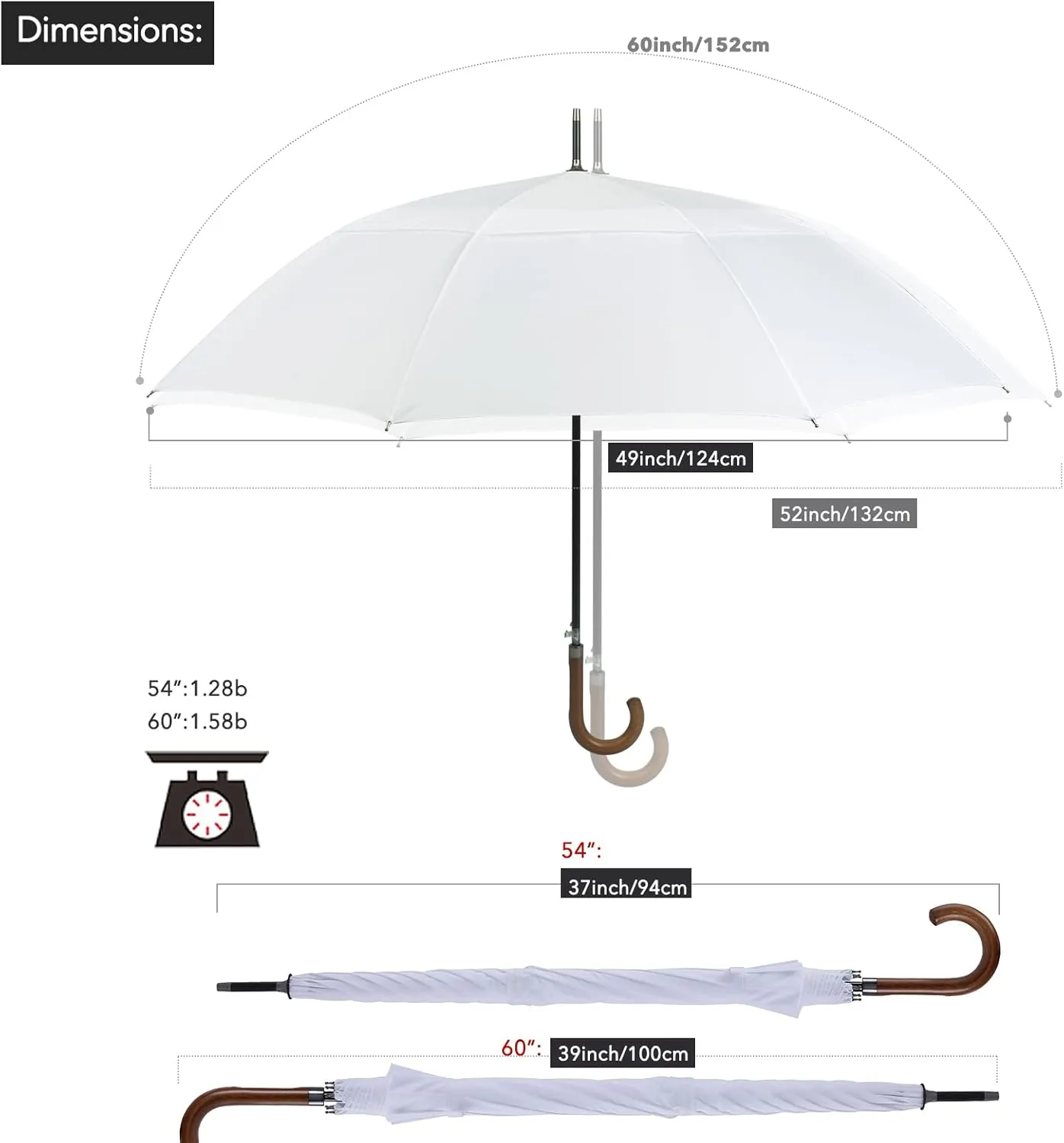 Wooden J-Handle Umbrella, 54/62 / 68 inch, UV & Classic Versions, Large Windproof Stick Umbrella, Auto Open for Men and Women Golf umbrella (white, 54”Black-pack-of-2)