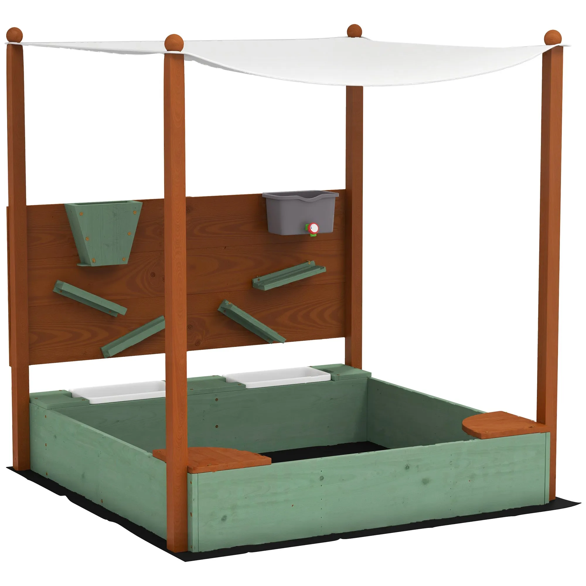 Wooden Kids Sandbox with Canopy, Sand Wall, Bottom Liner, for 3-6 Years, 46" x 44" W x 50", Green