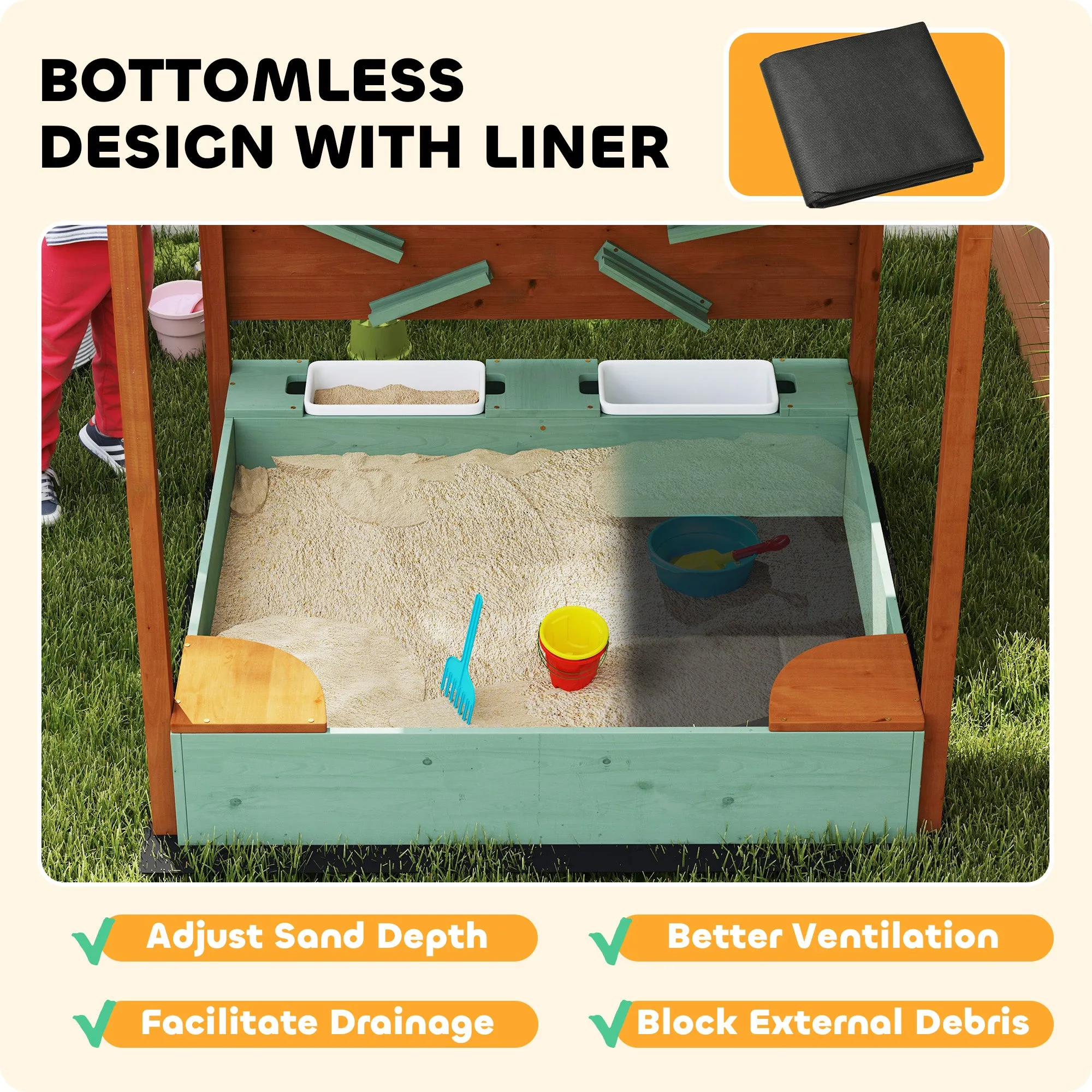 Wooden Kids Sandbox with Canopy, Sand Wall, Bottom Liner, for 3-6 Years, 46" x 44" W x 50", Green