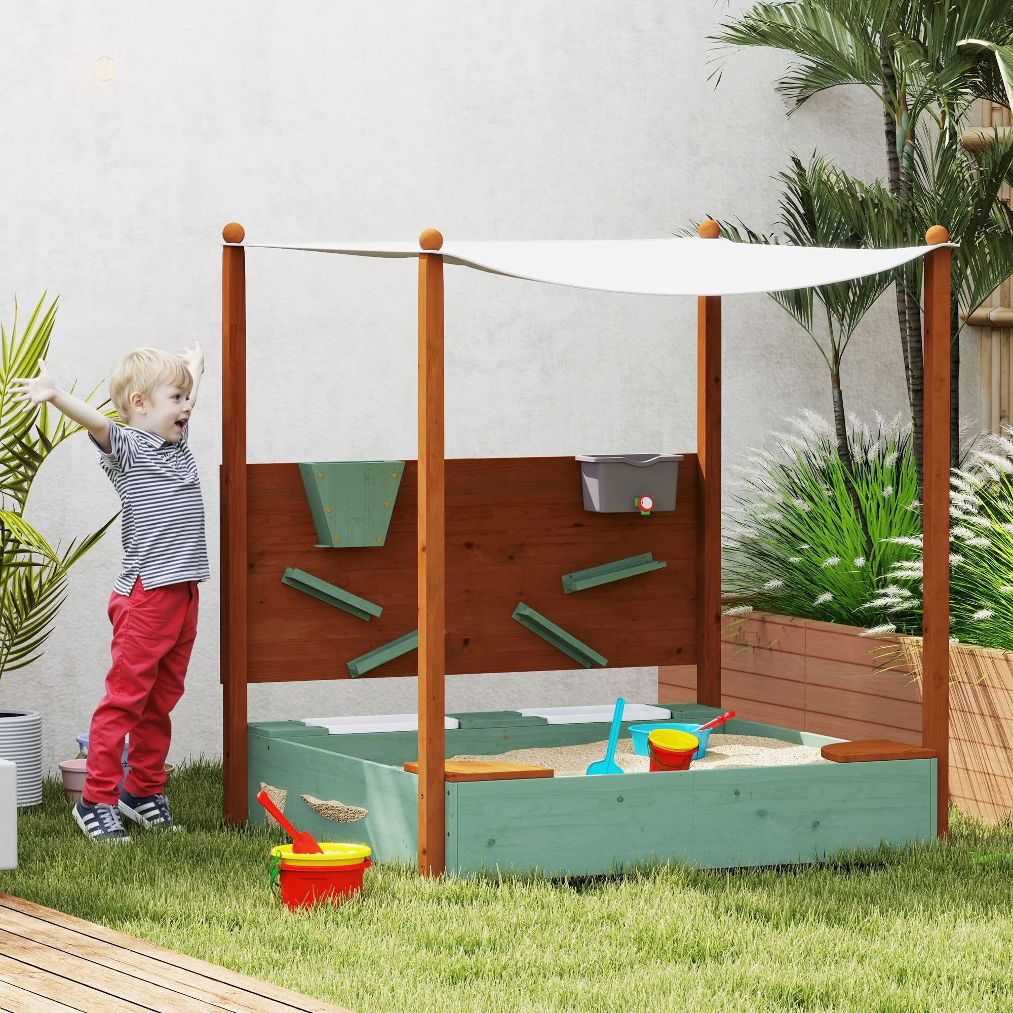 Wooden Kids Sandbox with Canopy, Sand Wall, Bottom Liner, for 3-6 Years, 46" x 44" W x 50", Green