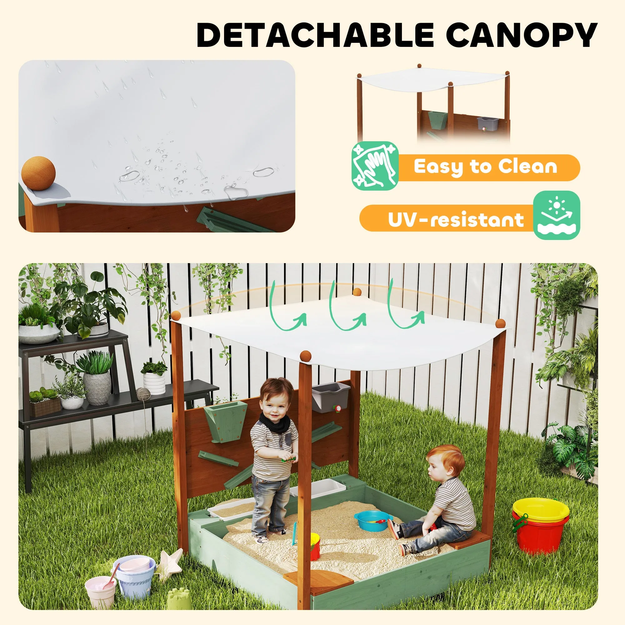 Wooden Kids Sandbox with Canopy, Sand Wall, Bottom Liner, for 3-6 Years, 46" x 44" W x 50", Green