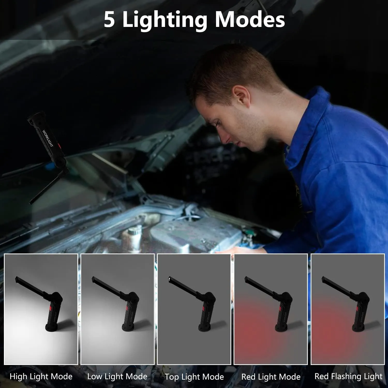 Working Light Portable, Rechargeable Work Lights with Magnetic Base Hanging Hook,360° Rotate 5 Modes,COB LED 800 Lumens Foldable Inspection Light for Car Repair, Grill and Outdoor Use(4pack)