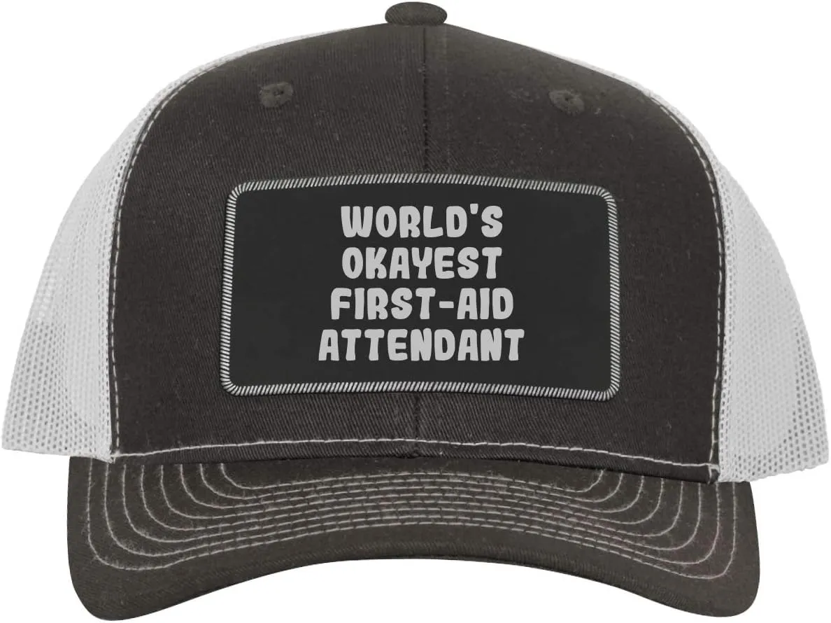 World's Okayest First-Aid Attendant - Leather Black Patch Engraved Trucker Hat