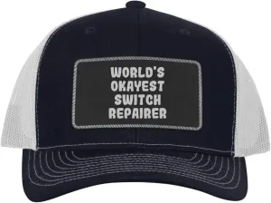 World's Okayest Switch Repairer - Leather Black Patch Engraved Trucker Hat