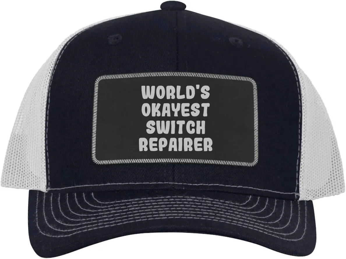 World's Okayest Switch Repairer - Leather Black Patch Engraved Trucker Hat