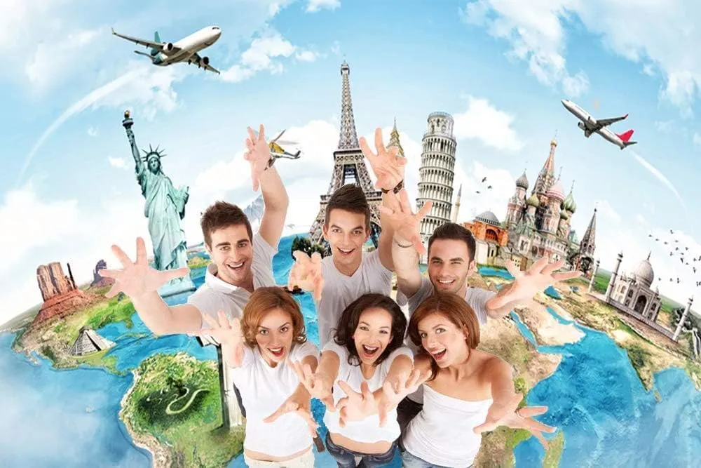 Worldwide Travel Backdrop 10x7ft World Map Backdrop World Famous Landmark Paris Eiffel Tower Photography Background Travel Party Decoration Photo Studio Props GOF043