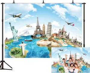 Worldwide Travel Backdrop 10x7ft World Map Backdrop World Famous Landmark Paris Eiffel Tower Photography Background Travel Party Decoration Photo Studio Props GOF043