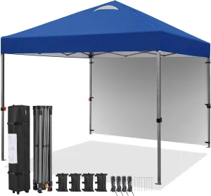 Yaheetech 10x10 Pop up Canopy Tent w/1 Sidewall, Instant Commercial 150D Silver Coated Fabric Outdoor Instant Tent w/Wheeled Bag, 4 Sandbags, 8 Stakes & 4 Ropes for Parties, Camping, Beach, Navy Blue