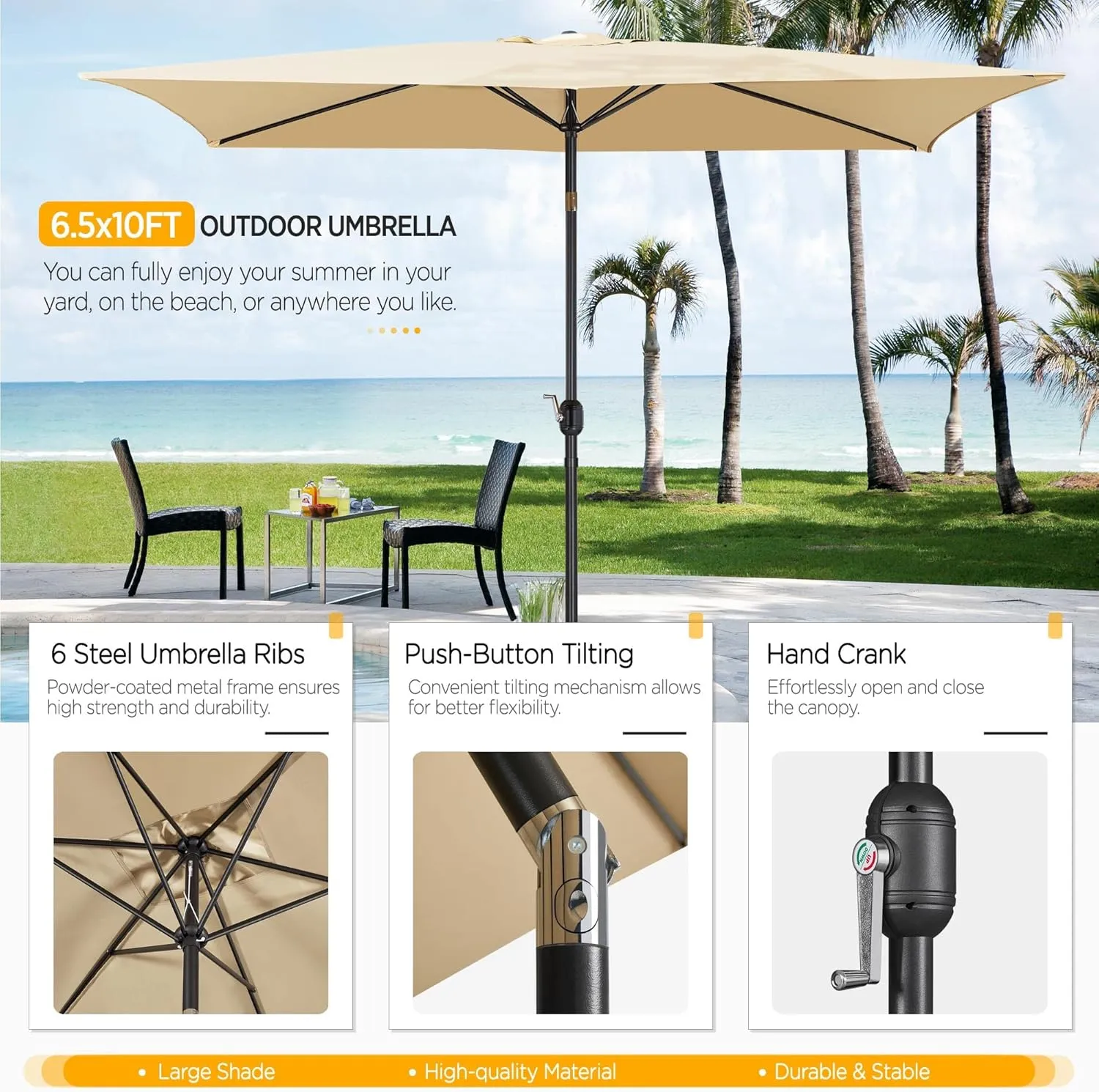 Yaheetech 6.5x10FT Rectangular Outdoor Patio Umbrella Large Market Umbrella w/Push Button Tilt & Crank Lift System & 6 Sturdy Ribs for Garden/Lawn/Beach/Pool/Deck/Backyard - Tan