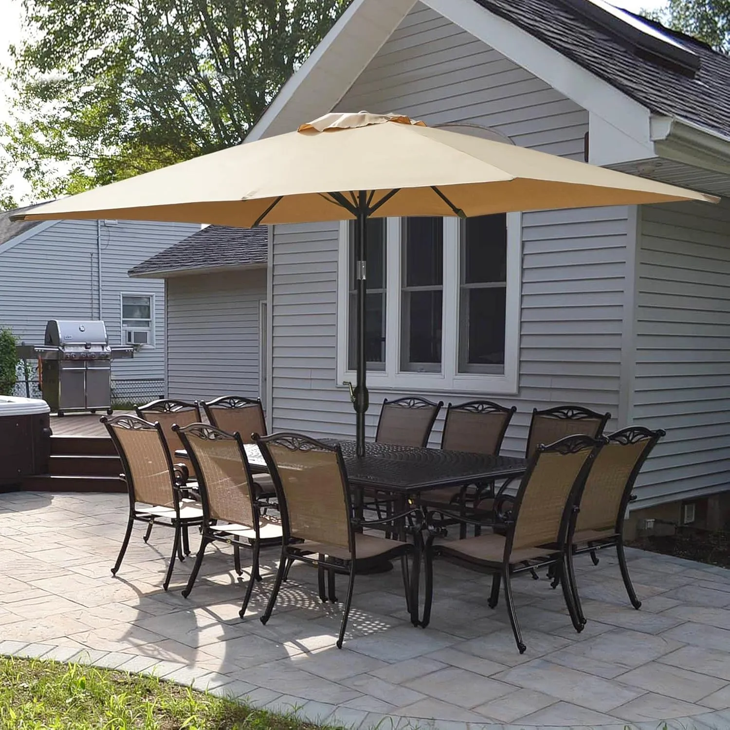 Yaheetech 6.5x10FT Rectangular Outdoor Patio Umbrella Large Market Umbrella w/Push Button Tilt & Crank Lift System & 6 Sturdy Ribs for Garden/Lawn/Beach/Pool/Deck/Backyard - Tan