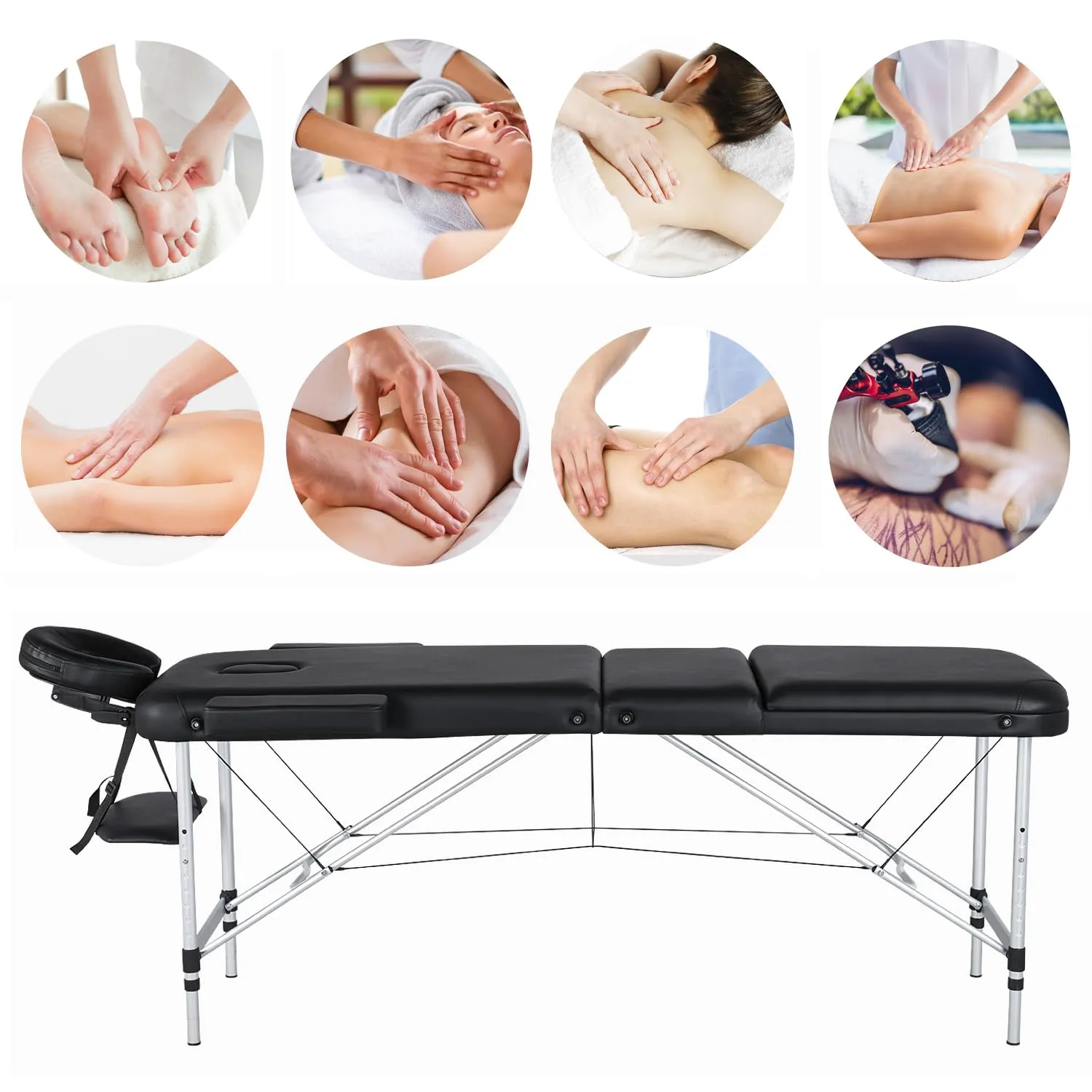 Yaheetech Massage Tables Portable Tattoo Table Adjustable Lash Bed Aluminium 3 Folding Spa Bed with Non-Woven Bag 24 inch Wide Black