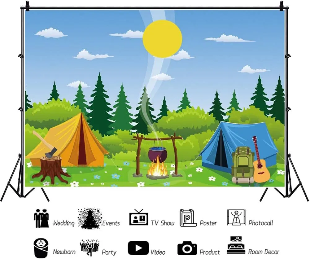 Yeele 8x6ft Cartoon Backdrop for Photography Cartoon Forest Flowers Grassland Campfire Camper Tents Background for Hiking Camping Trekking Theme Party Supplies Decor Photo Shoot Props Vinyl