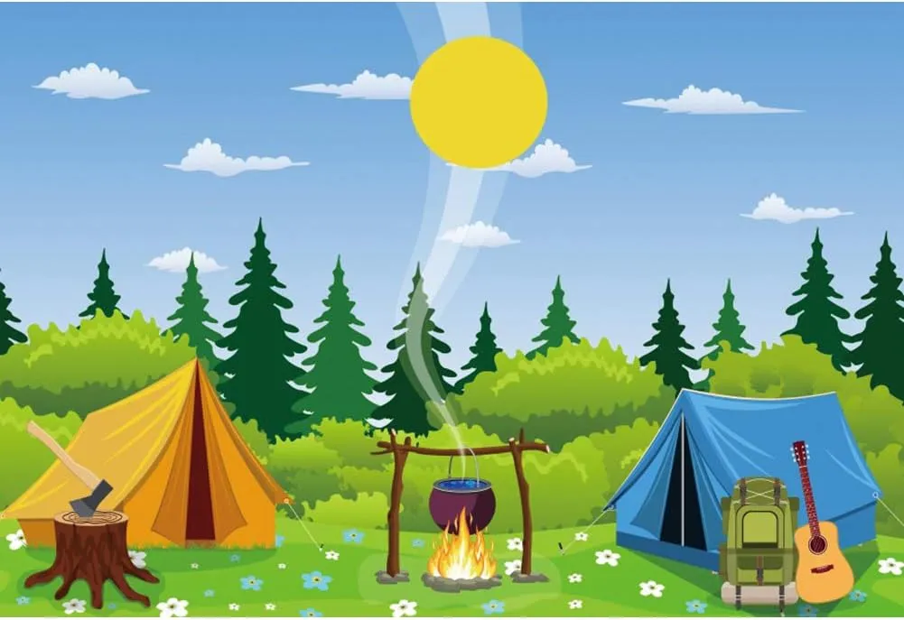 Yeele 8x6ft Cartoon Backdrop for Photography Cartoon Forest Flowers Grassland Campfire Camper Tents Background for Hiking Camping Trekking Theme Party Supplies Decor Photo Shoot Props Vinyl