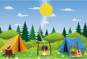 Yeele 8x6ft Cartoon Backdrop for Photography Cartoon Forest Flowers Grassland Campfire Camper Tents Background for Hiking Camping Trekking Theme Party Supplies Decor Photo Shoot Props Vinyl