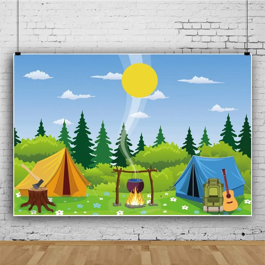 Yeele 8x6ft Cartoon Backdrop for Photography Cartoon Forest Flowers Grassland Campfire Camper Tents Background for Hiking Camping Trekking Theme Party Supplies Decor Photo Shoot Props Vinyl