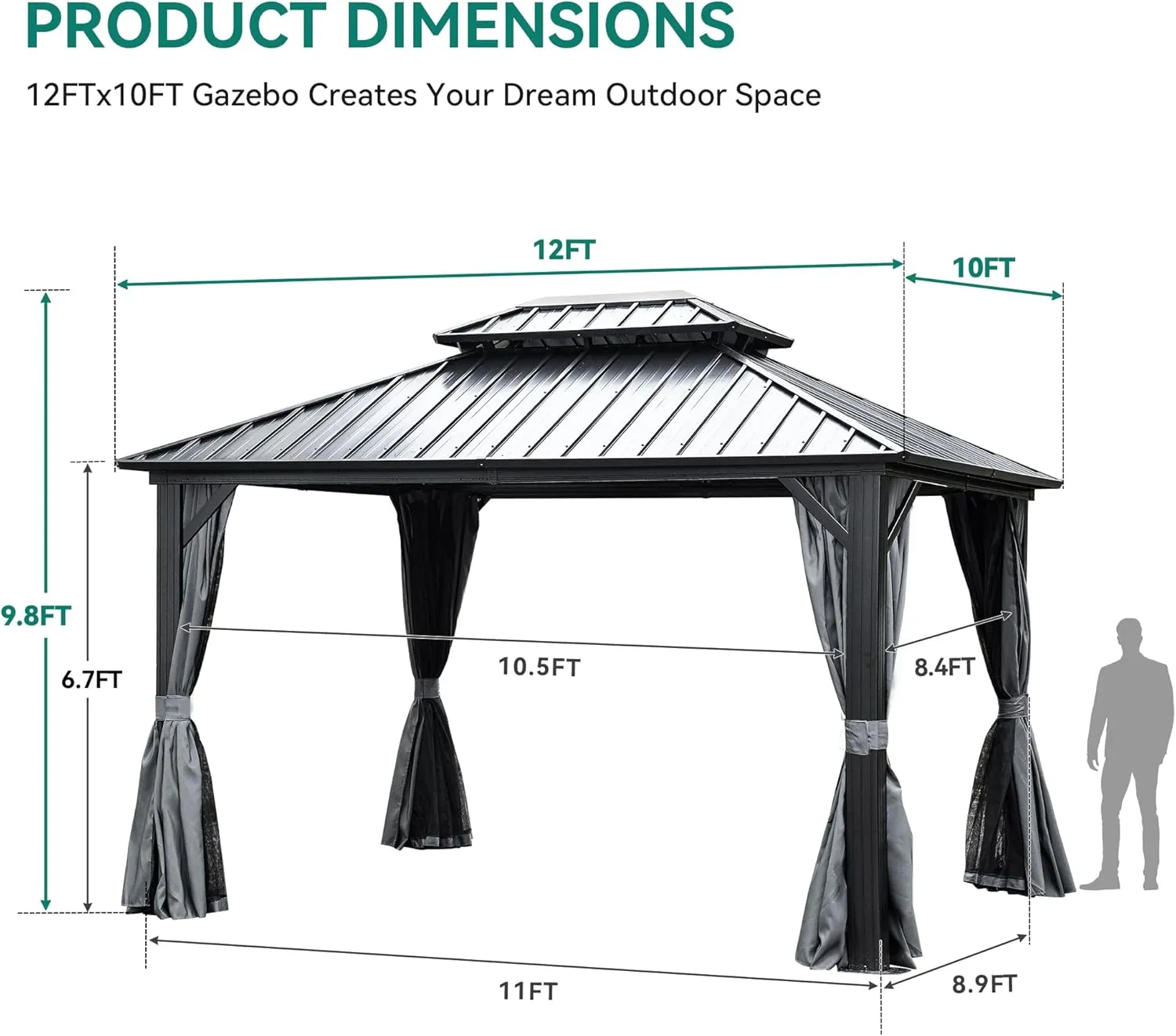 YITAHOME 10x12ft Hardtop Gazebo with Nettings and Curtains, Heavy Duty Double Roof Galvanized Steel Outdoor Combined of Vertical Stripes Roof for Patio, Backyard, Deck, Lawns, Gray