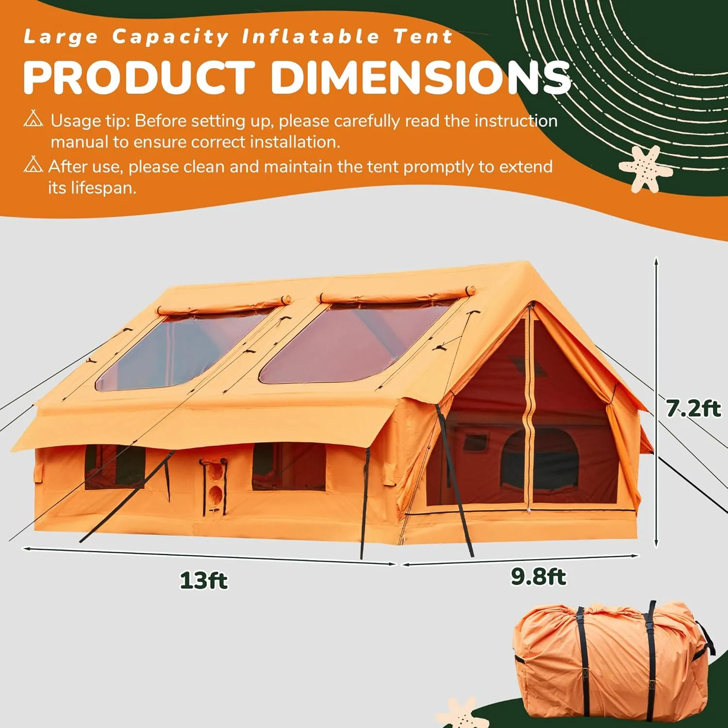 YOLENY Classic Inflatable Camping Tent for 6-12 Person, 4 Season Blow Up Tent with Mesh Windows & Pumps