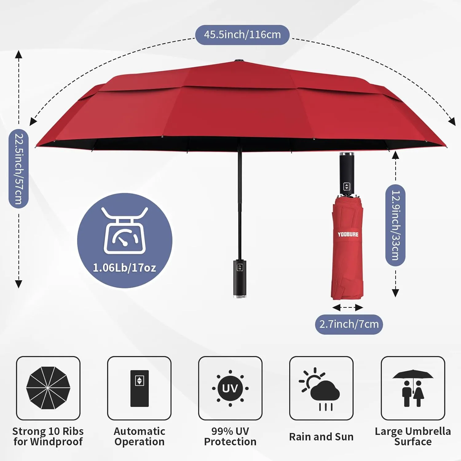 Yoobure Windproof Travel Umbrella with Wood Handle, Automatic Umbrellas for Rain & UV Sun Protection, Compact 46" Large Canopy, Lightweight Backpack Portable for Walking & Outdoor